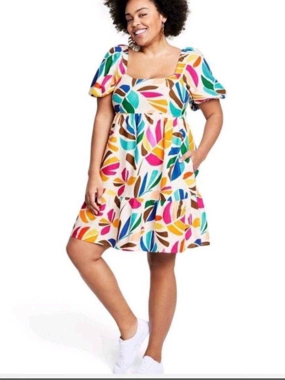 Tabitha Brown for Target Colorful Leaf Print Puff Sleeve Mini Dress Large